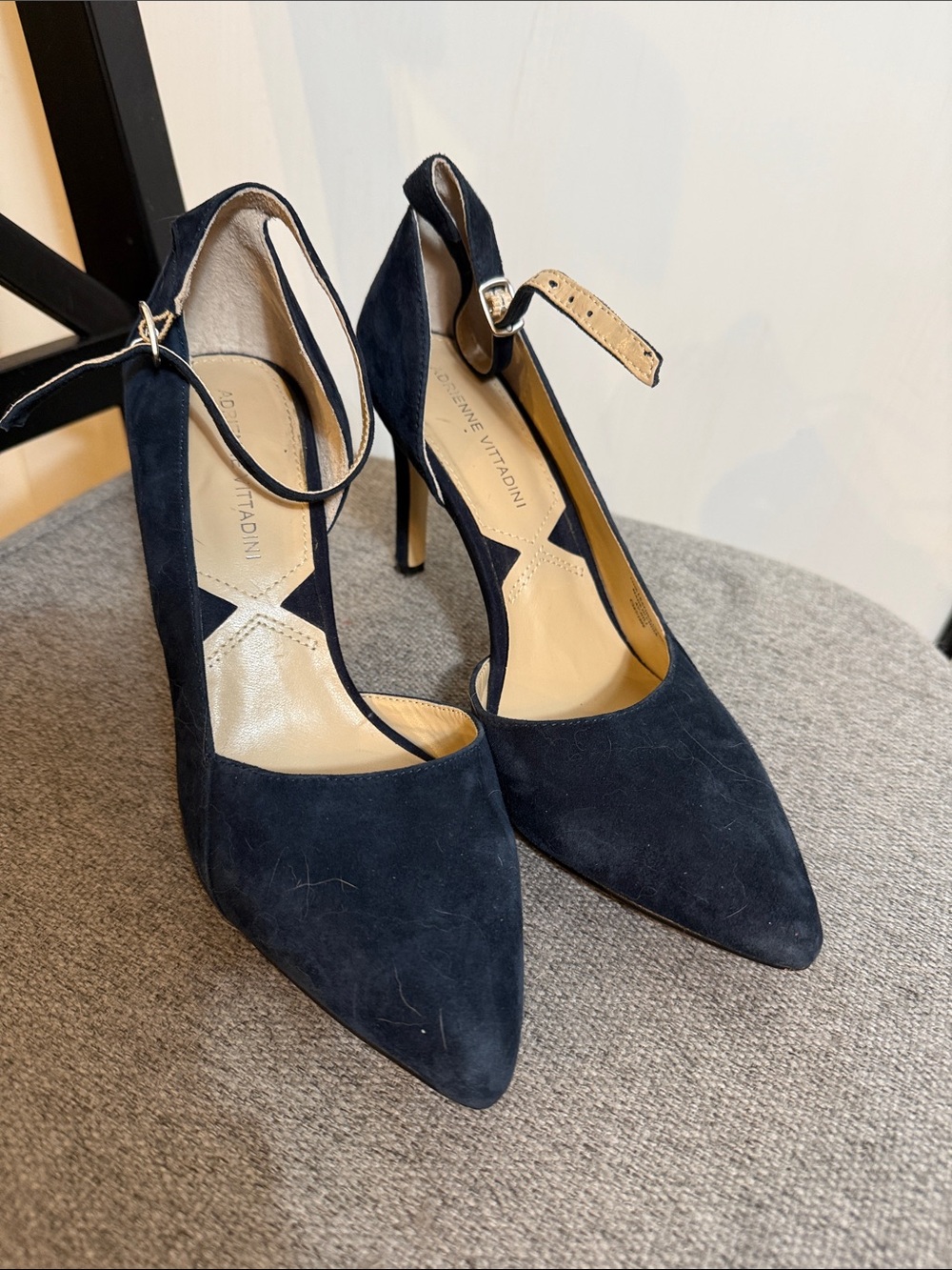 Navy Suede Pointed Toe Ankle Strap Heels